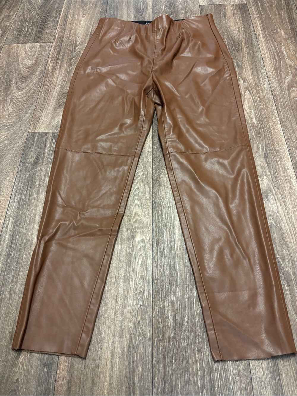 Zara Fall Cozy Chocolate Brown Faux Leather Straight-Leg Pants Elastic Waist XL - Picture 2 of 7